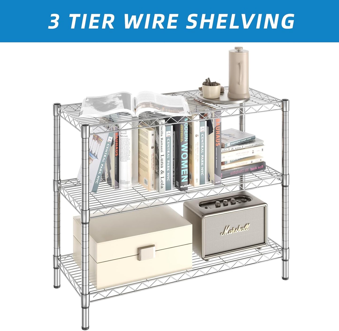 3-Shelf Adjustable Metal Shelf Wire Shelving Storage Rack for Office,Kitchen,Bedroom,Bathroom,Laundry,Pantry Basement,Garage(Chrome,36" L x 14" W x 30" H)