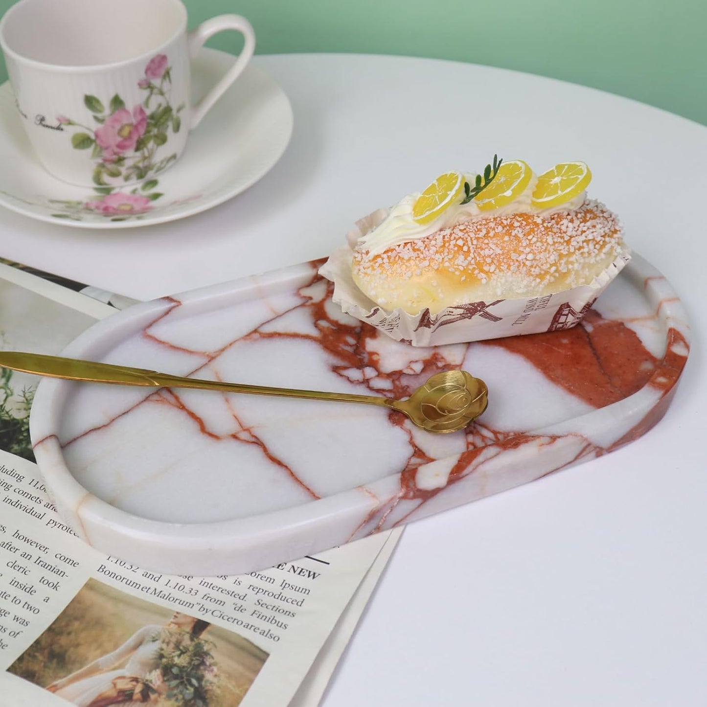 Natural Marble Tray, Oval Vanity Decorative Tray for Bathroom Counter, Countertop Stone Organizer, Catchall Tray for Kitchen, Perfume, Candles, Jewelry Dish Decorative Tray