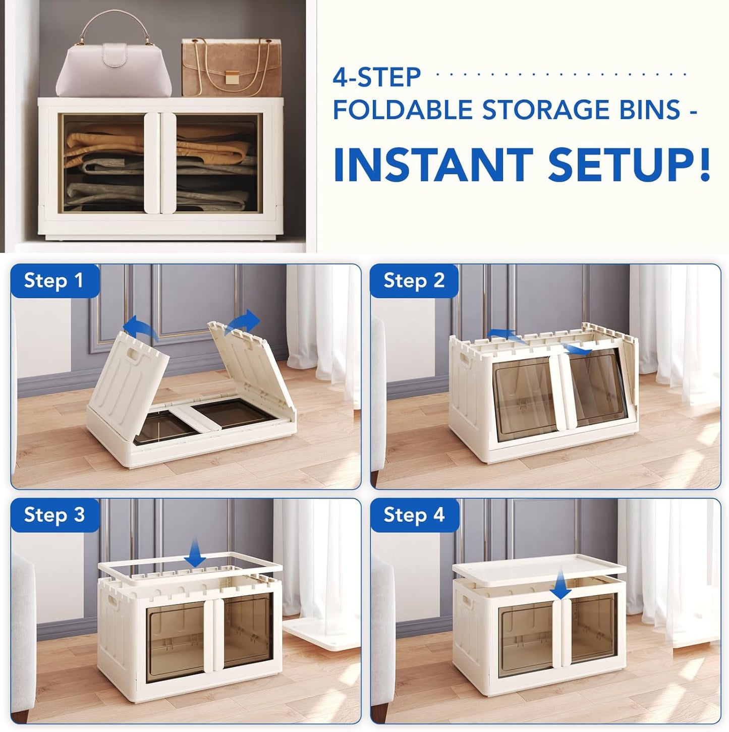 FLEXIMOUNTS 228 QT Stackable Storage Bins With Lids, Collapsible Plastic Storage Bins With Doors and Built-in Wheels For Home Dorm Closet Organizers and Storage, 3 Pack Cubes, Milky White