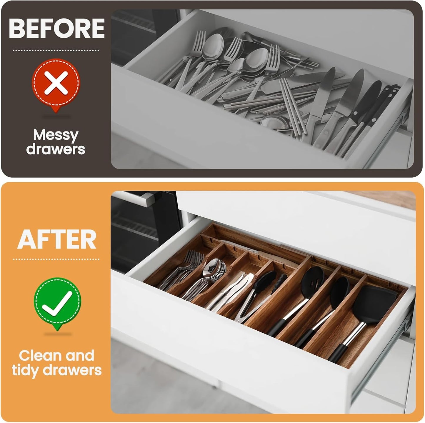 Acacia Wood Silverware Drawer Organizer, 21 Inch Adjustable Cutlery Tray for Kitchen Utensils, Silverware Flatware Storage Box with 5 Detachable Dividers(8-Compartment)