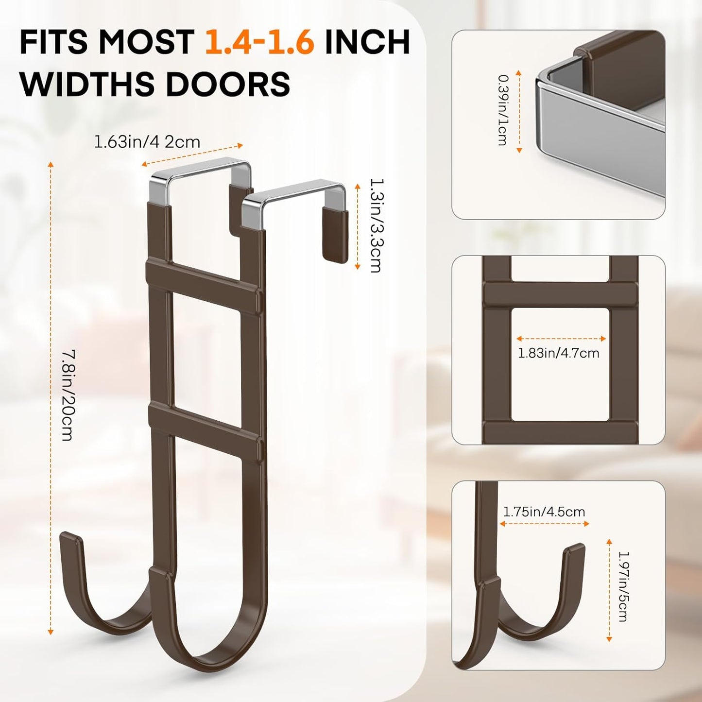 FYY Over The Door Hooks - 4 Pack Heavy Duty Dual-Hook Organizer Hanger with Non-Slip Rubber for Towels, Clothes, Hats & Bags Use in Bathroom, Bedroom, Kitchen - Fits Interior Doors Up to 1.6" Brown