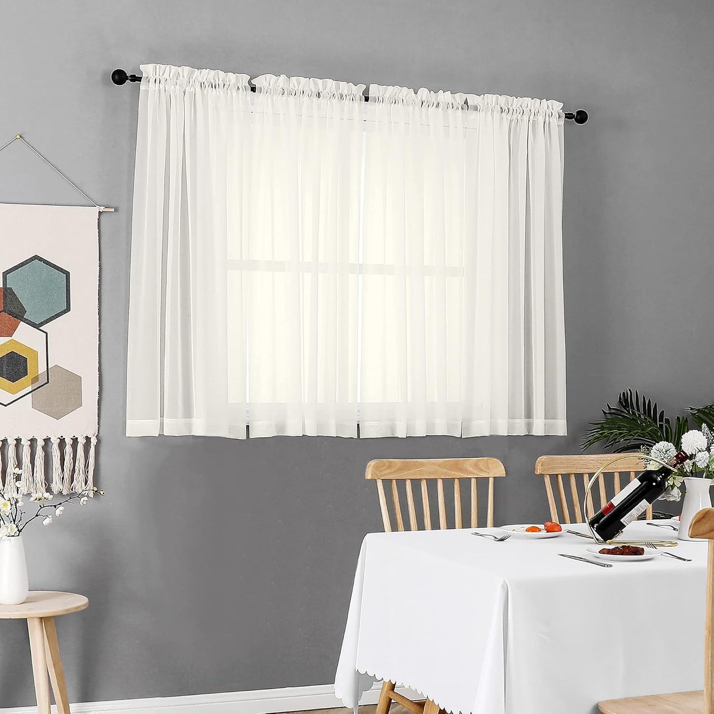 Chyhomenyc Ivory Sheer Window Curtain Panels 45 Inch, Set of 2, Light Filtering Solid Voile Curtains Drapes for Small Window/Living Room/Bedroom, Rod Pocket, 42W x 45L inches