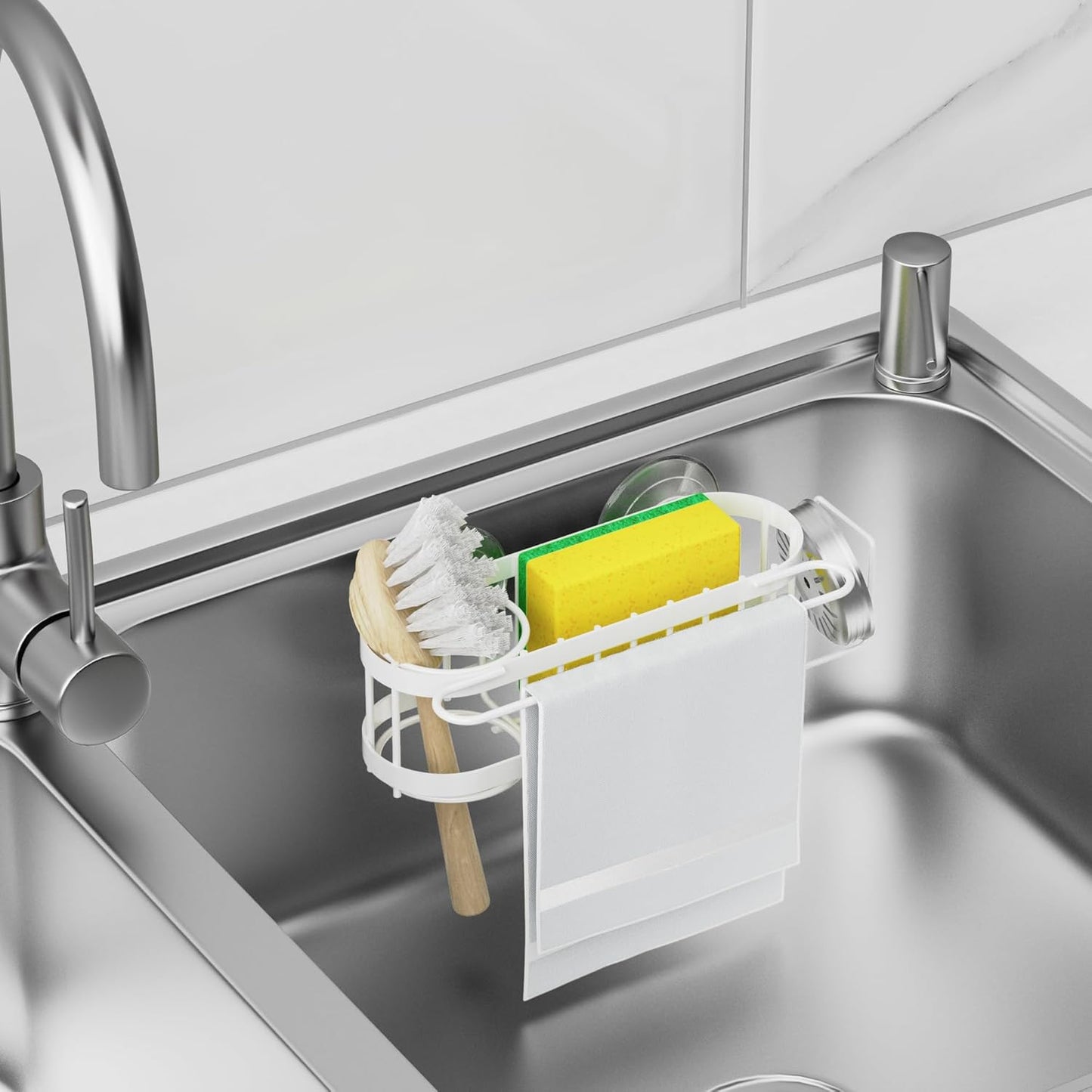 Cisily Kitchen Sink Caddy Sponge Holder in The Sink, Stainless Steel Kitchen Sink Organizer, Brush Holder, Dish Cloth Hanger, Sink Stopper Holder with Suction & Adhesives Installation Ways (White