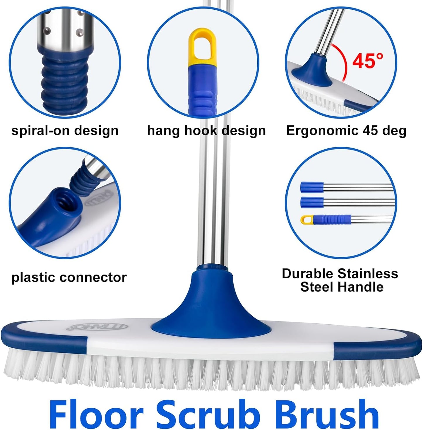 ITTAHO Floor Scrub Brush with Long Handle - 53" Deck & Grout Cleaner Brush Set for Tile, Marble, Stone, Bathroom, Patio, Garage, Deck & Floor Cleaning