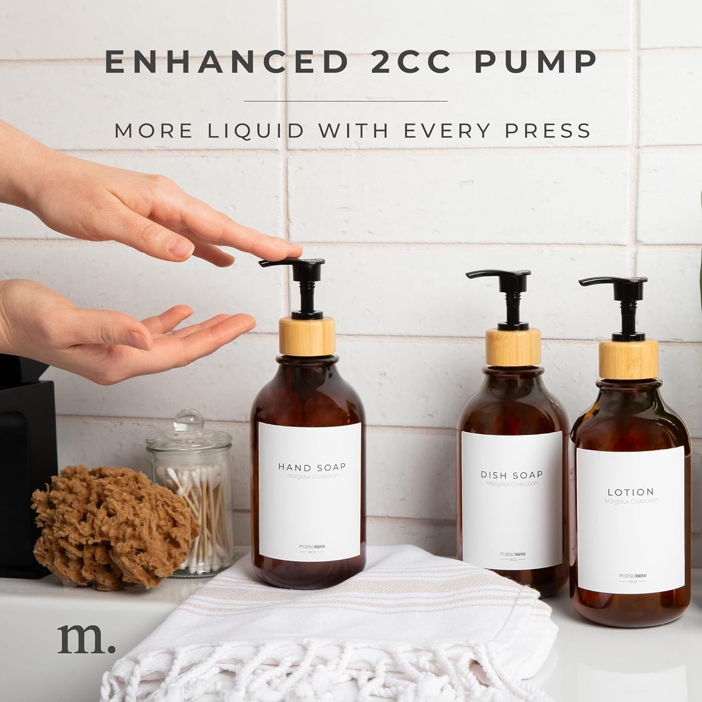 MaisoNovo Refillable Shampoo and Conditioner Bottles | 16.9 fl oz Set of 3 Amber Plastic Bottles Black Bamboo Pumps