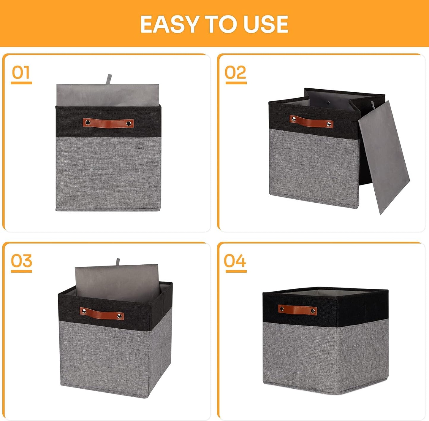 DULLEMELO 12x12 Storage Cubes, Collapsible Sturdy Cube Storage Bins With Handles for Organizing,Fabric Storage Cubes Baskets for Shelves Nursery Closet Home Organization and Storage (Black&Grey)