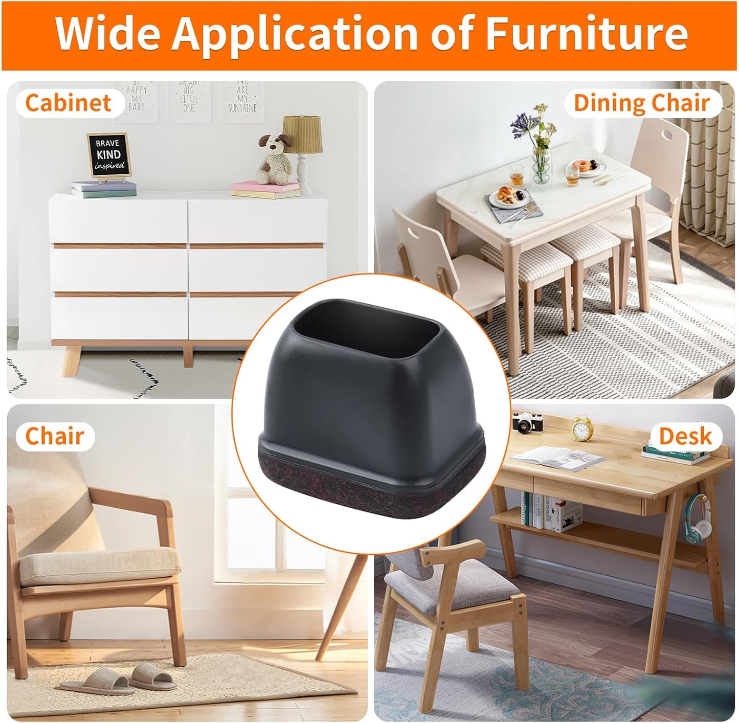 Ezprotekt 24 Pcs Rectangle Felt Chair Leg Floor Protectors for Hardwood Floors, Rectangle Black Silicone Furniture Pads Caps Covers for Chair Desk Table (Fit L :1.3-1.7", W: 0.6-0.9")