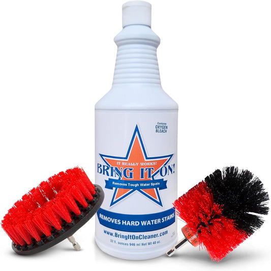 BRING IT ON! CLEANER Water Spot Remover Plus 2 Drill Brushes, Clean Tile, Cleaning Drill Scrub Brush, Cleaning Brush For Drill, Drill Brush Attachment (32 oz)