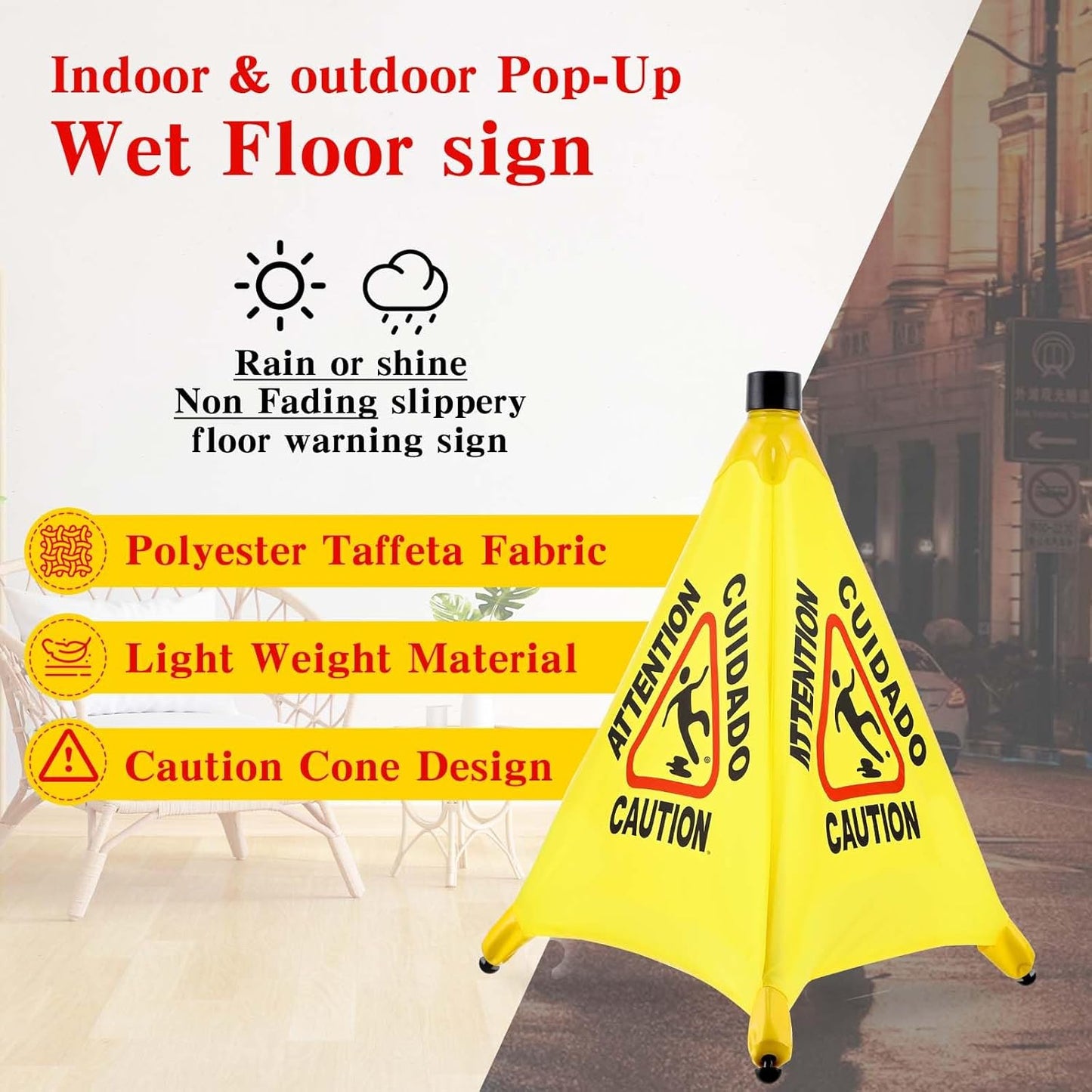 8-Packs Wet Floor Signs 20 Inch, Pop UP Bilingual Yellow Caution Wet Floor Sign with Wall Mounted Storage Tube Foldable, Slip Carefully Safety Cone Signs Pop up Caution Commercial Sign
