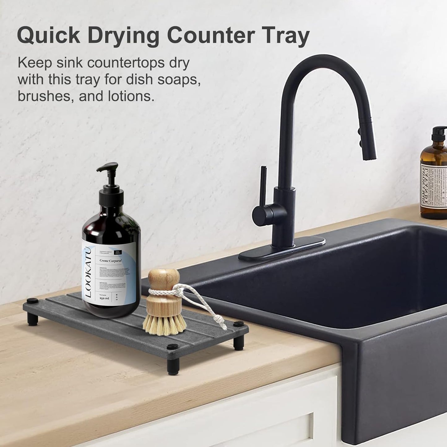 Water Absorbing Stone Tray, Fast Drying Sink Tray for Bathroom & Kitchen Counter, Diatomite Absorbent Coasters, Instant Dry Sink Caddy Organizers Mat, Dish Soap Dispenser Sponge Holder, Dark Gray