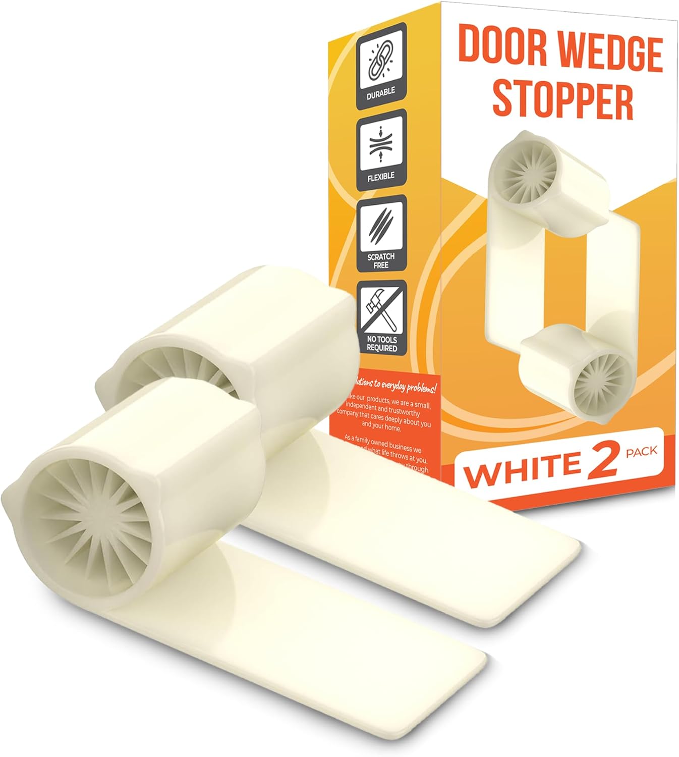 Ducki 2 Pack Door Wedge Stopper - 3 in 1 Thermoplastic Rubber Door Stop Wedge for The Top, Bottom, or Hinge of Doors - Reliable and Long-Lasting Door Stopper Wedge - 4" x 2" x 1.5" - White
