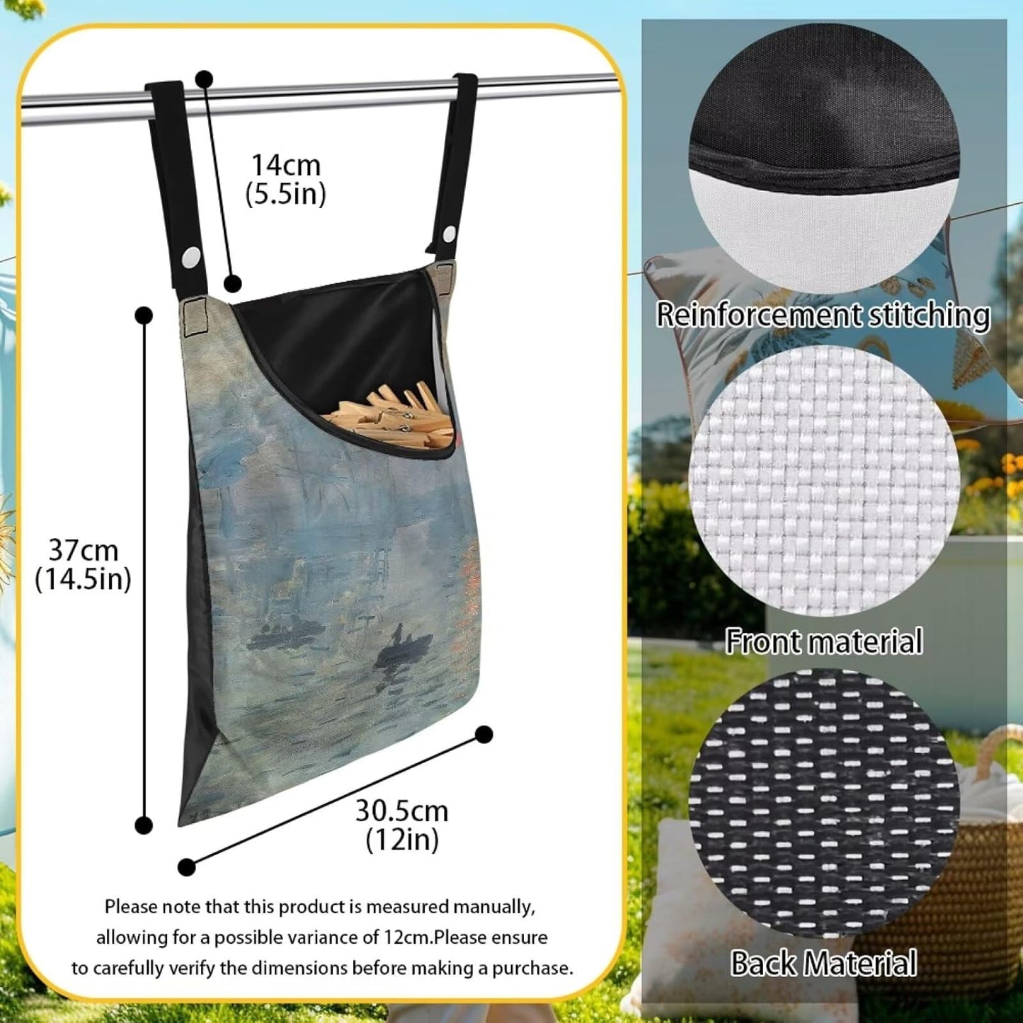 Heavy Duty Outdoor Clothespin Bag - Impression Sunrise Print Windproof & Water Repellent Hanging Storage for Clothesline Accessories - Extra Large Opening with Reinforced Stitching