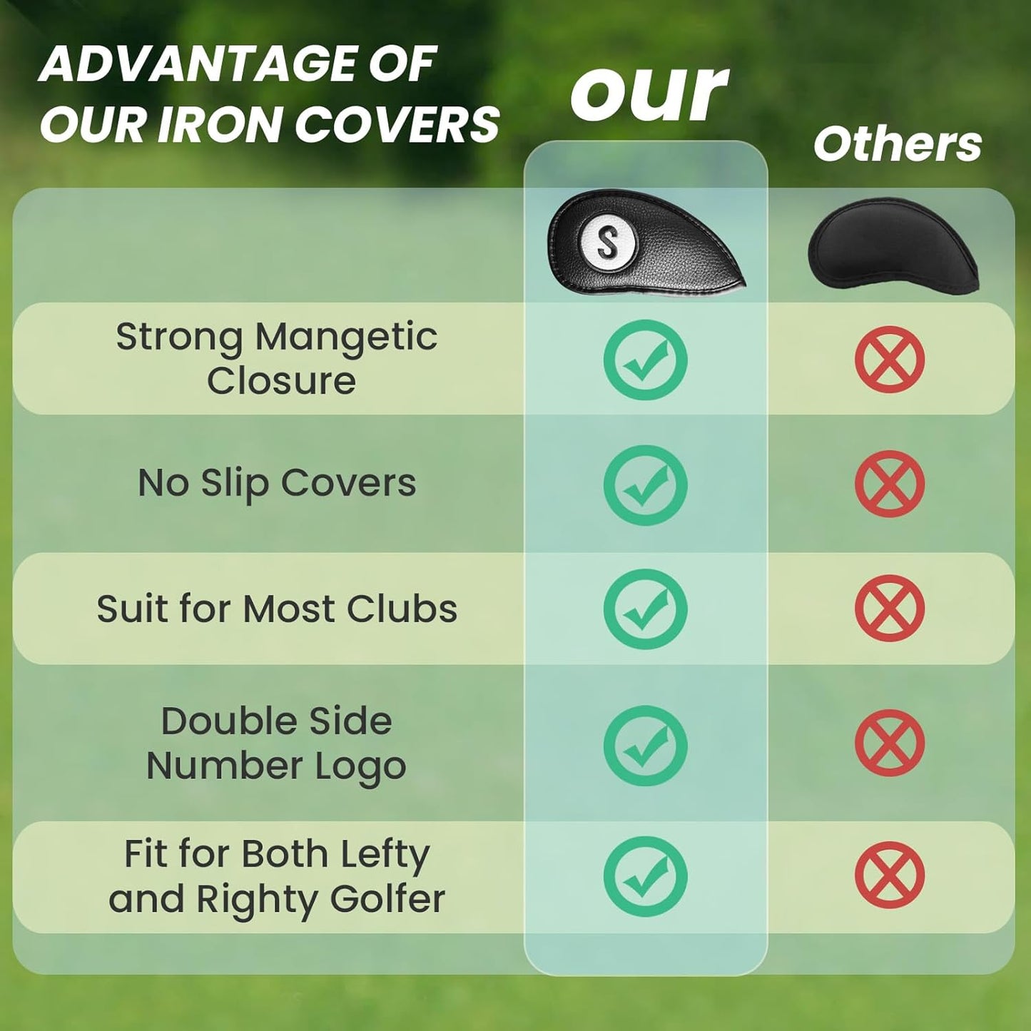 FINGER TEN Golf Club Covers for Irons Magnetic Value 11 Pack, Synthetic Leather Deluxe Head Cover Set Headcovers for Irons Fit Main Iron Clubs