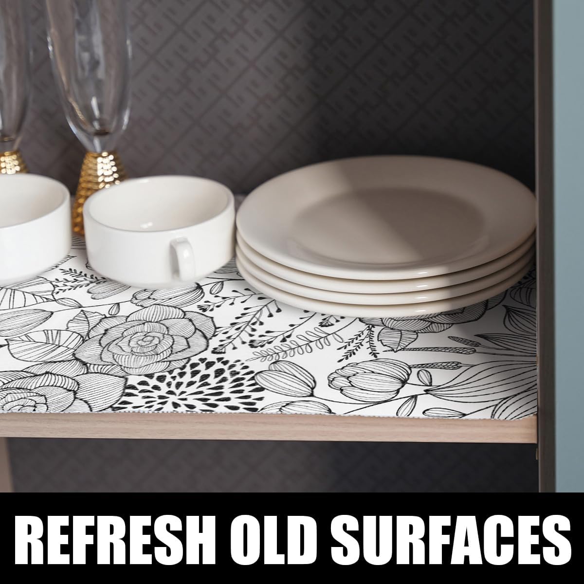 Floral Drawer and Shelf Liner for Kitchen 16IN x 20FT, Non-Adhesive and Strong Non-Slip Cabinet Drawer Liners, Waterproof Thickened Shelf Liner,Easy to Clean,Black and White