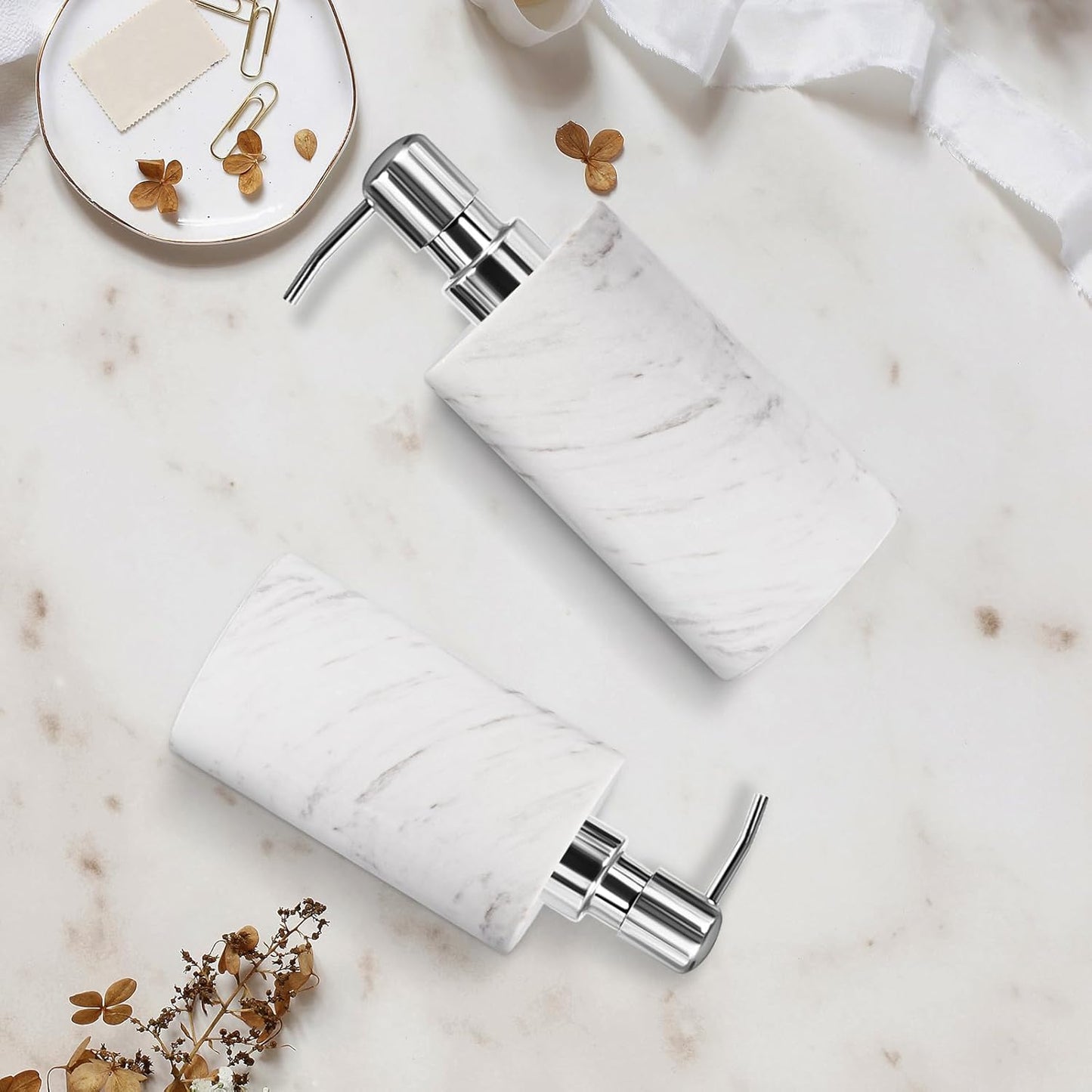 Marble Soap Dispenser with Stainless Steel Pump, White Hand Liquid Soap Dispenser, 6 Ounces for Bathroom