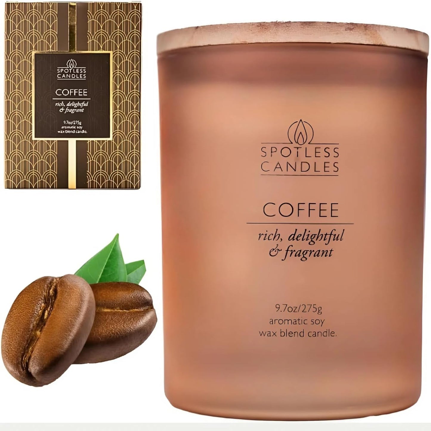 Coffee Candle - 9.7oz Frosted Jar Candles with Wooden Wick in Gift Box & Branded Shipper- Coffee Scented Candle