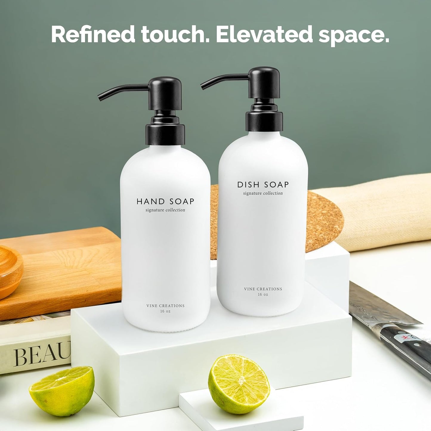 Vine Creations White Glass Soap Dispenser Set, Dish Soap and Hand Soap Dispenser Set with Stainless Steel Pump, 16 oz Glass Dispensers for Kitchen or Bathroom Decor (Matte White Bottle/Matte Black)