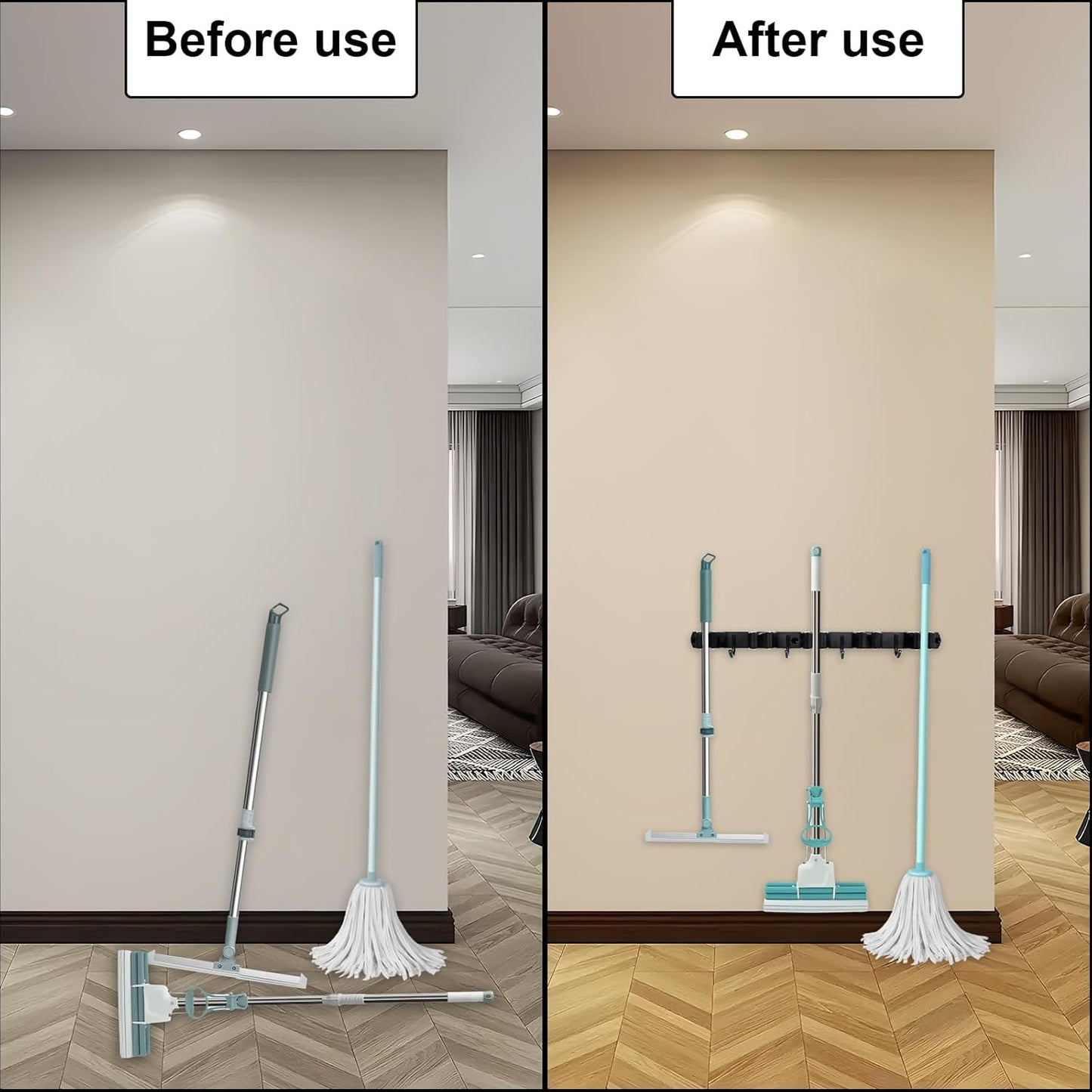 Broom and Mop Holder Wall Mount - 5 Slots and 4 Hooks Stainless Steel Mop and Garden Tool Storage Rack for Bathroom, Kitchen, Garage, Outdoor （2Pcs