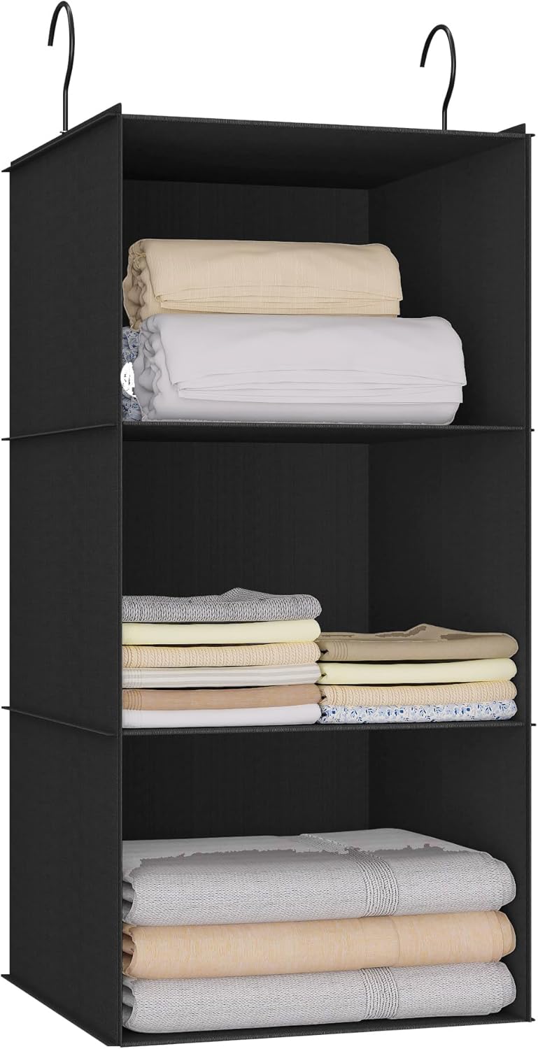 Hanging Closet Organizer - 3-Shelf, Easy Mount Foldable Wardrobe Storage Shelves for Clothes, Handbags, Shoes & Accessories - Washable Oxford Cloth Fabric, Black
