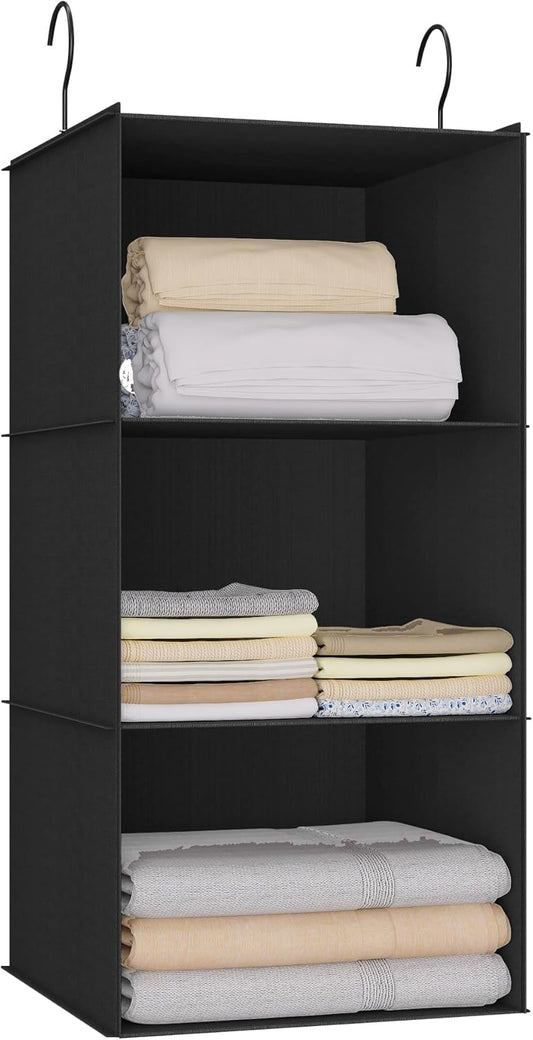 Hanging Closet Organizer - 3-Shelf, Easy Mount Foldable Wardrobe Storage Shelves for Clothes, Handbags, Shoes & Accessories - Washable Oxford Cloth Fabric, Black