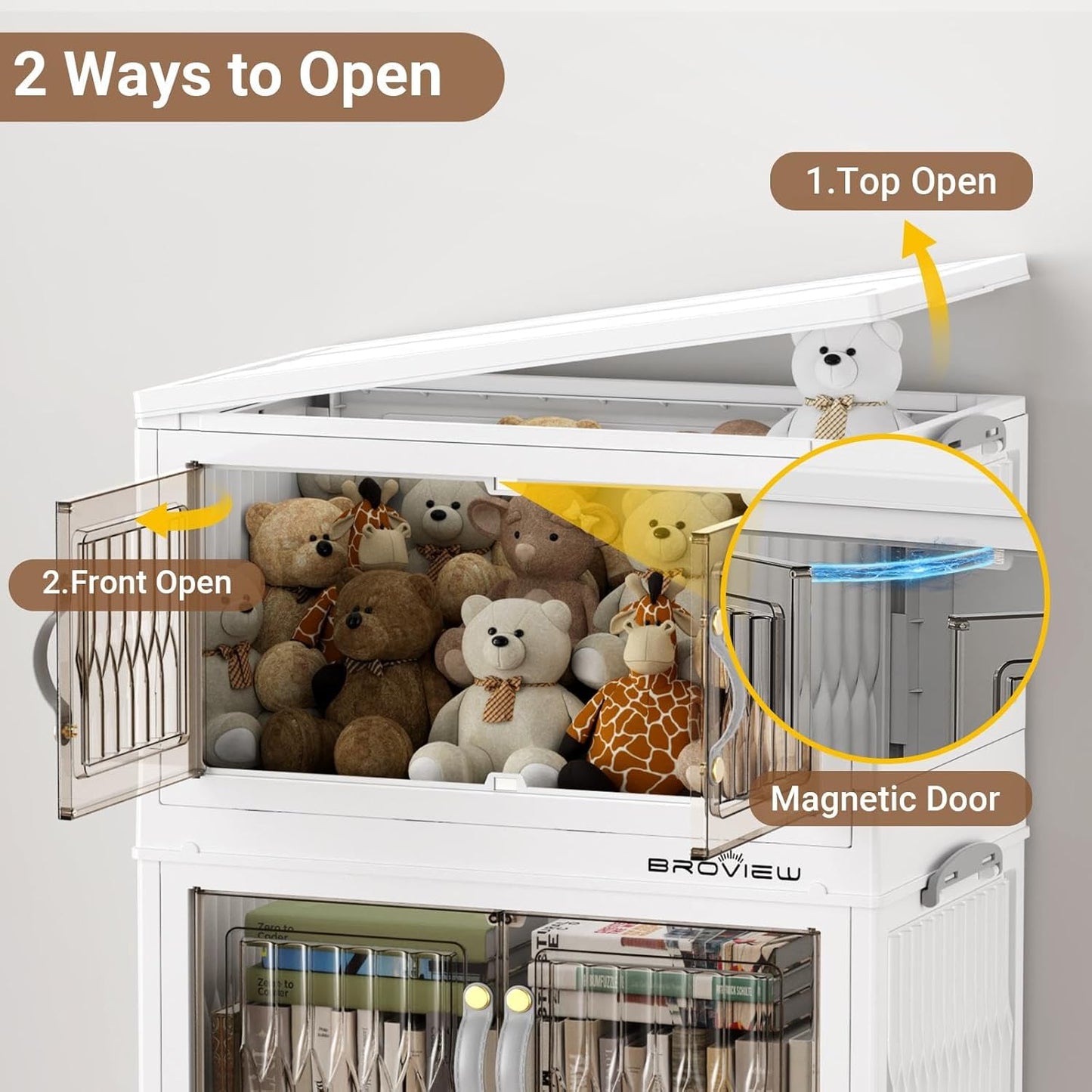 BROVIEW 135Qt Stackable Storage Bins with Lid, Extra Large Closet Organizer Collapsible Drawer Boxes with Wheels, Folding Plastic Cabinet Containers for Home Kitchen Room Organization, 3Pack White