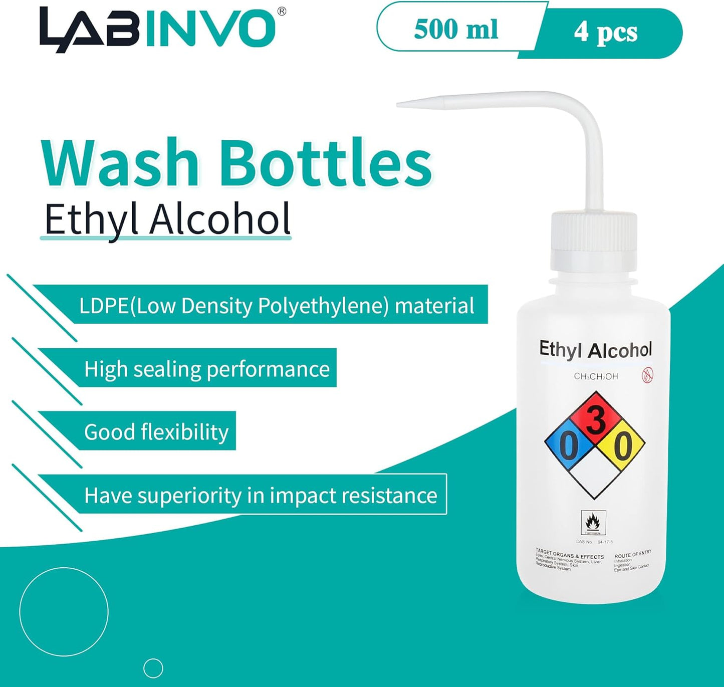 4PCS of Ethyl Alcohol Wash Bottles, Vol.500ml (17oz), Narrow Mouth, Self-Venting Safety Wash Bottle, LDPE Material, IN-WBE500
