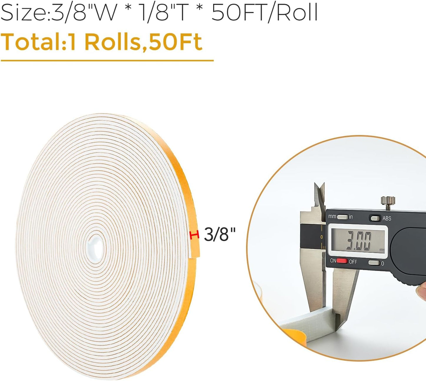 50 Feet Weather Stripping Door Seal, 3/8" Wide X 1/8" Thick Door Seal Strip High Density Foam Tape Adhesive Strip for Door Soundproofing,Window Insulation (3/8" x 1/8" x 50FT, White)