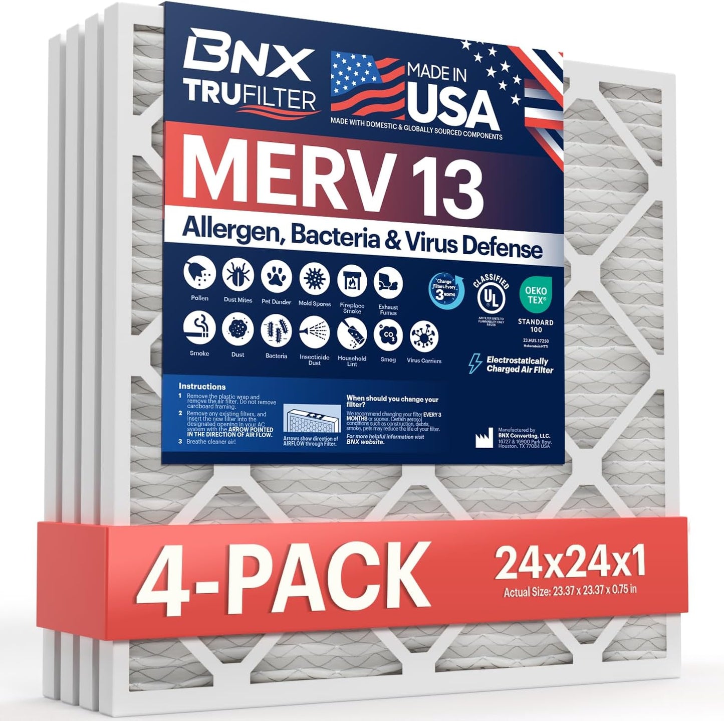 BNX TruFilter 24x24x1 Air Filter MERV 13 (4-Pack) - MADE IN USA - AC Furnace Filters for Allergies, Pollen, Mold, Bacteria, Smoke, Allergen, MPR 1900 FPR 10 (Actual Size: 23.38 x 23.38 x 0.75 Inches)