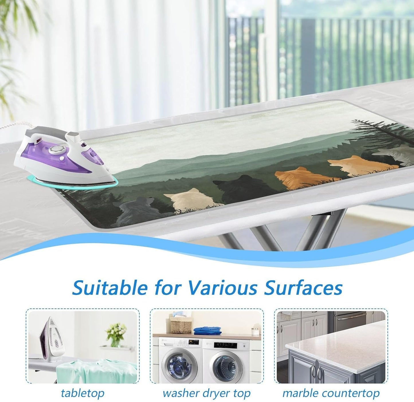 Cute Wolves Back and Green Mountain Ironing Mat Thickened Ironing Blanket Travel Portable Double-Side Using Ironing Pad Travel Isolate Heat Pad Cover for Washer Dryer Table Top Countertop 27.6x