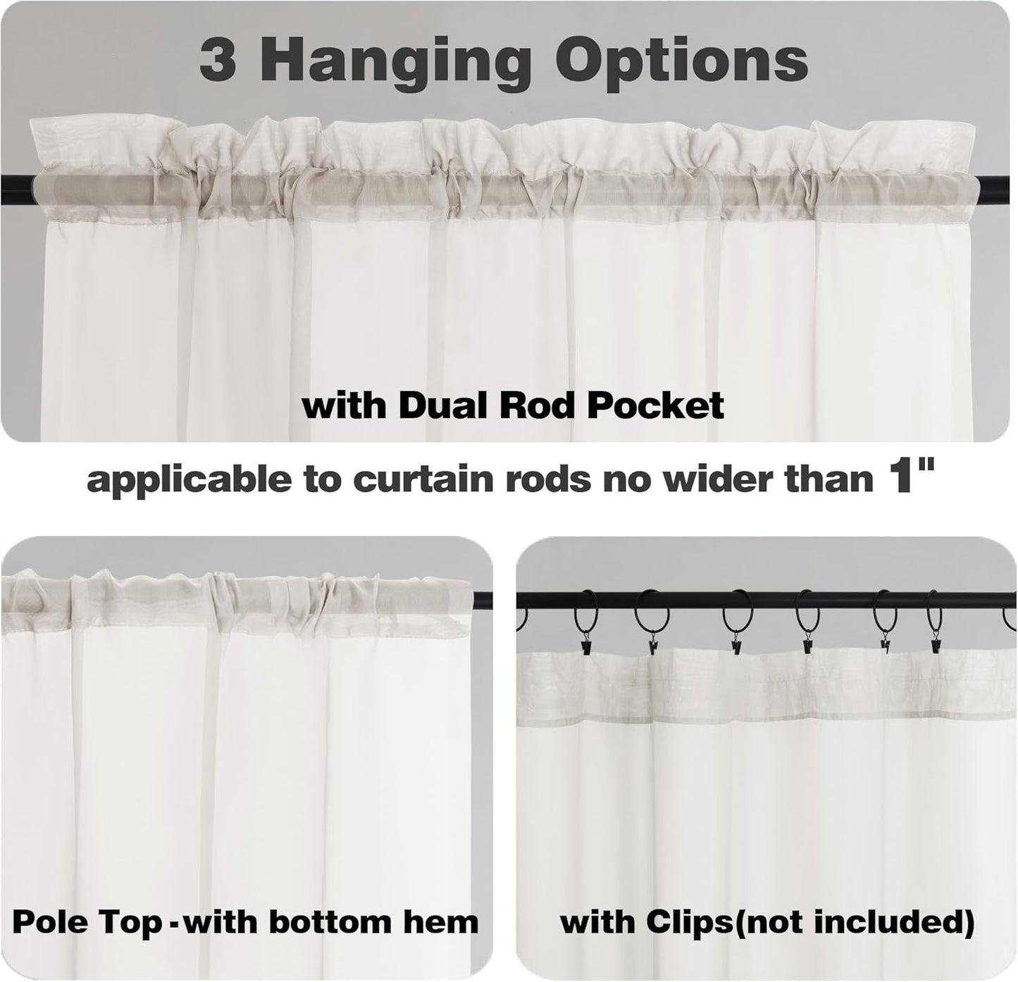 Chyhomenyc Sheer Window Valance Curtains, 2PCS Set, Light Filtering Valances Windows Treatment, Small Rod Pockets Voile Sheer Curtains for Living Room/Bathroom/Basement, 42Wx14L in, Set of 2, Ivory