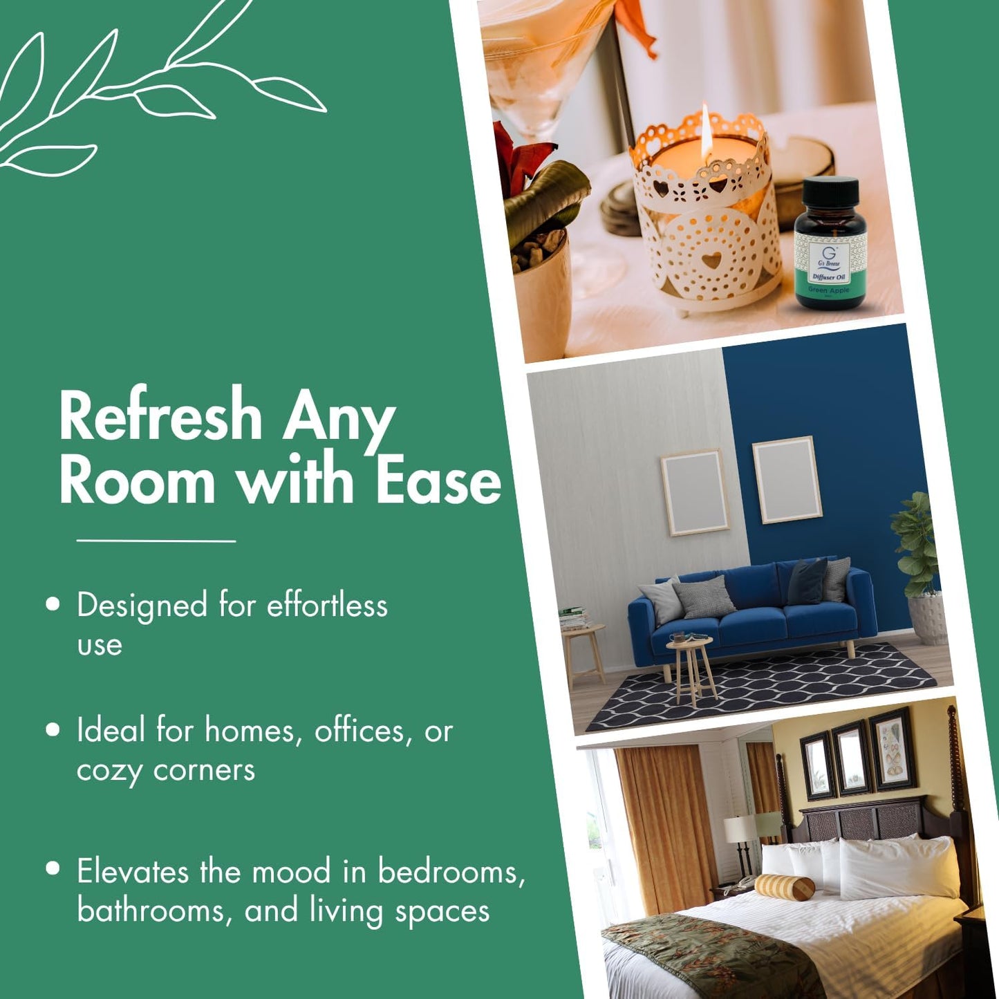 G's Breeze Green Apple Diffuser Oil Refill - Scent of Crisp Apple Fruit - Transform Any Space with Invigorating Fragrance – Ideal for Home & Office – Long-Lasting Freshness Aroma - 60 ML