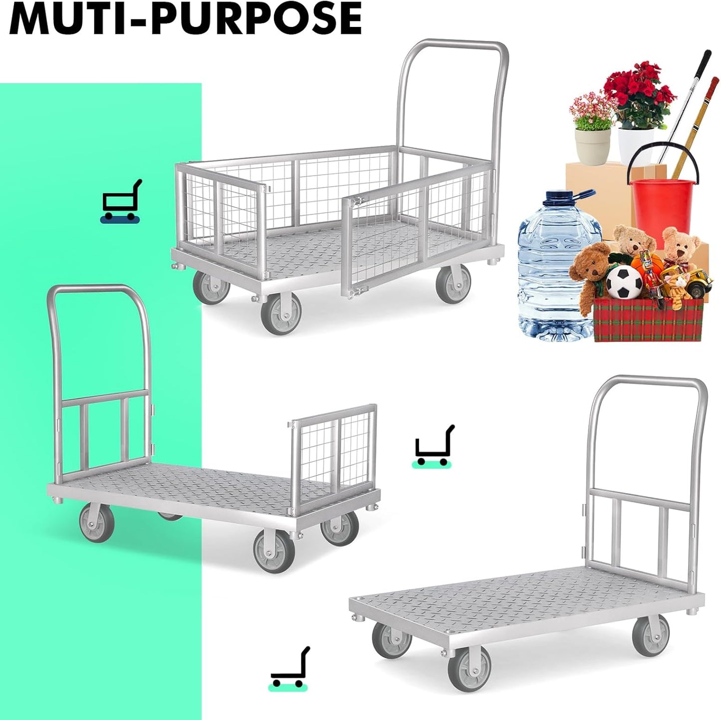 4-in-1 Platform Truck Cart with Cage, Multi-Purpose Heavy Duty Steel Flatbed Cart with 2200lbs Capacity Platform Hand Truck 6" Wheels Push Cart Dolly for Groceries, Garage, Warehouse (41“L x 24" W)