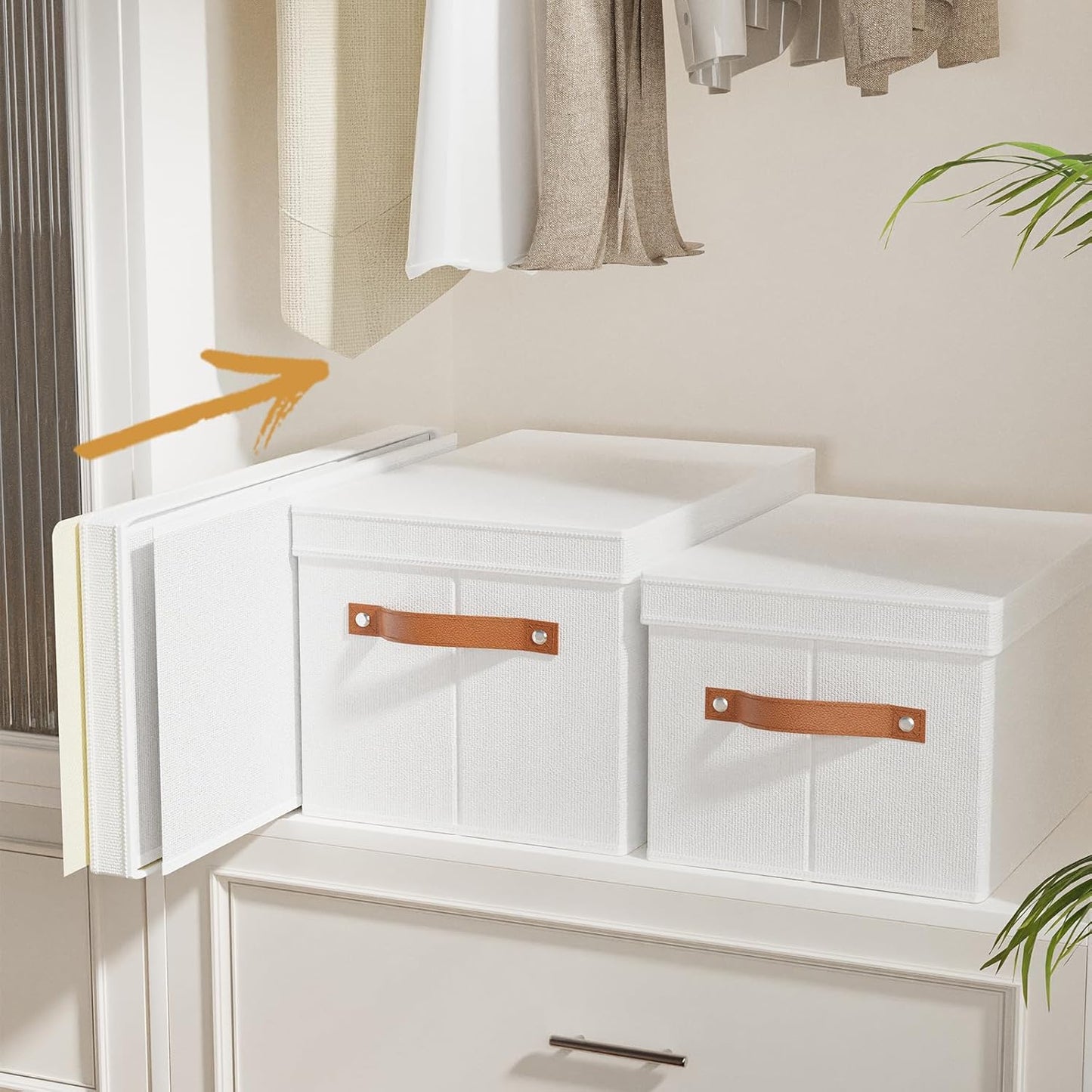 Fabric Storage Bins, Clothes Boxes for Shelves with Lids, 5 Pack Baskets for Organizing with Handles, Decorative Linen Closet Organizers, White, 16.5 x 11.8 x 10.2 Inch