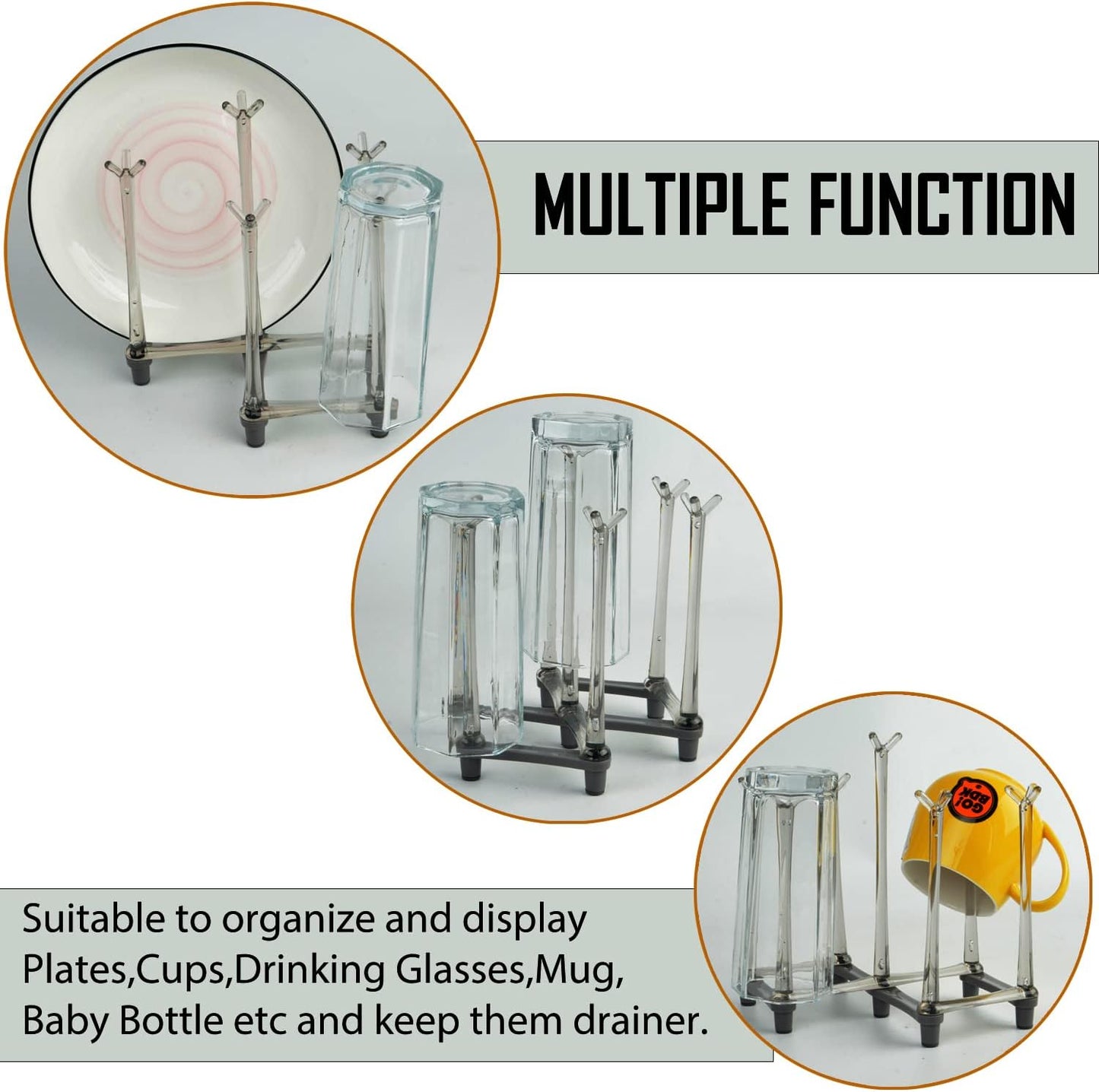 2 Pcs Cup Drying Racks Set, Retractable Drinking Glass & Baby Bottle Drainer Stand, PP Material Mug Draining Organizer, Kitchen Countertop Dishes Holder, Gray