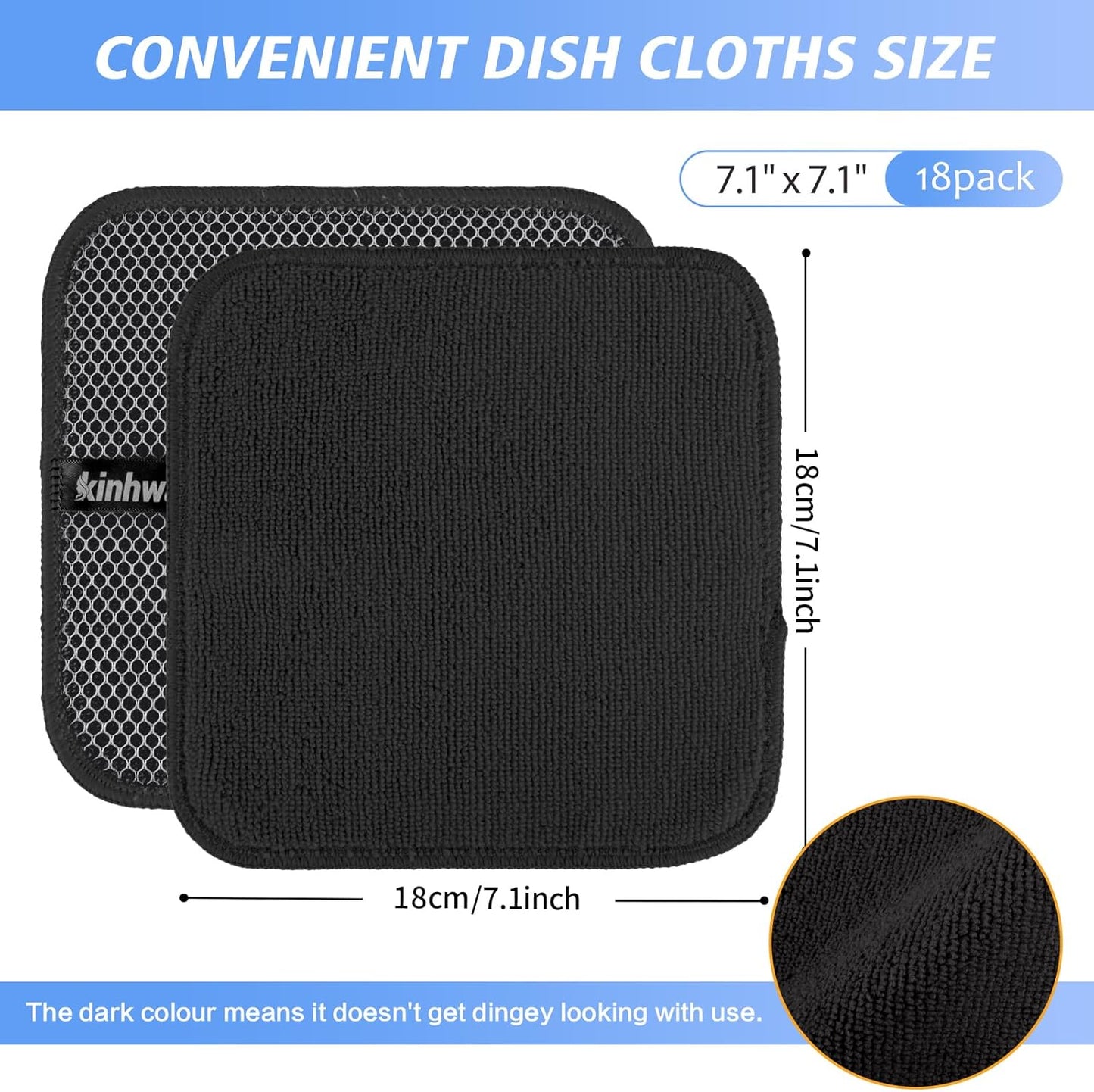 KinHwa Kitchen Washcloths for Dishes Absorbent Microfiber Dish Cloths Quick Dry Dish Rags with Poly Scour Scrub Side Ideal for Kitchen Cleaning (Black, 7inchx7inch 18 Pack)