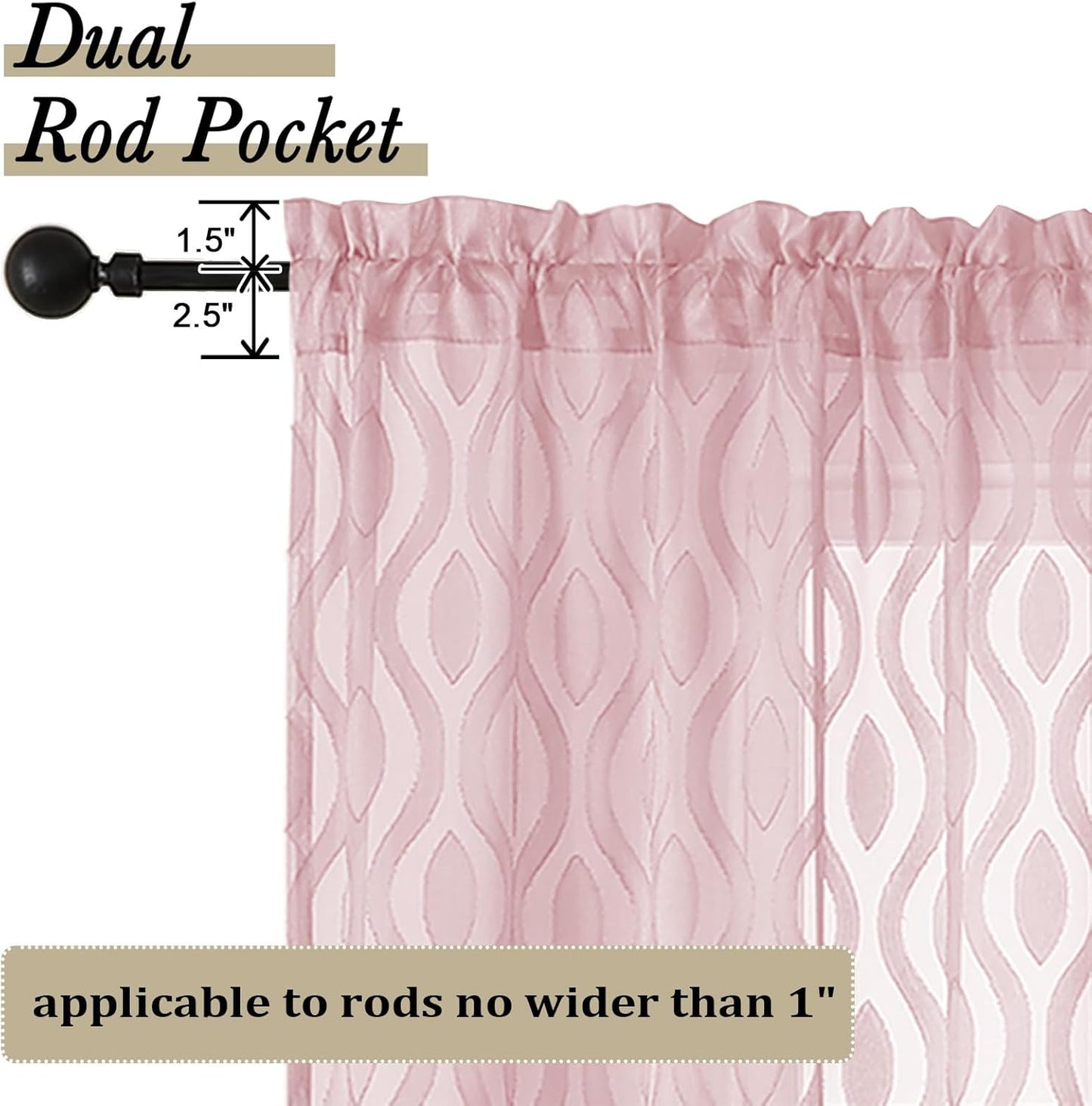 Aiyufeng Sheer Pink Curtain 45 Inch Length 2 Panels Set, Farmhouse Clip Jacquard Textured Short Window Curtains, Lightweight Chic Wavy Line See Through Curtains for Bedroom, 40" Wx45 L Inches