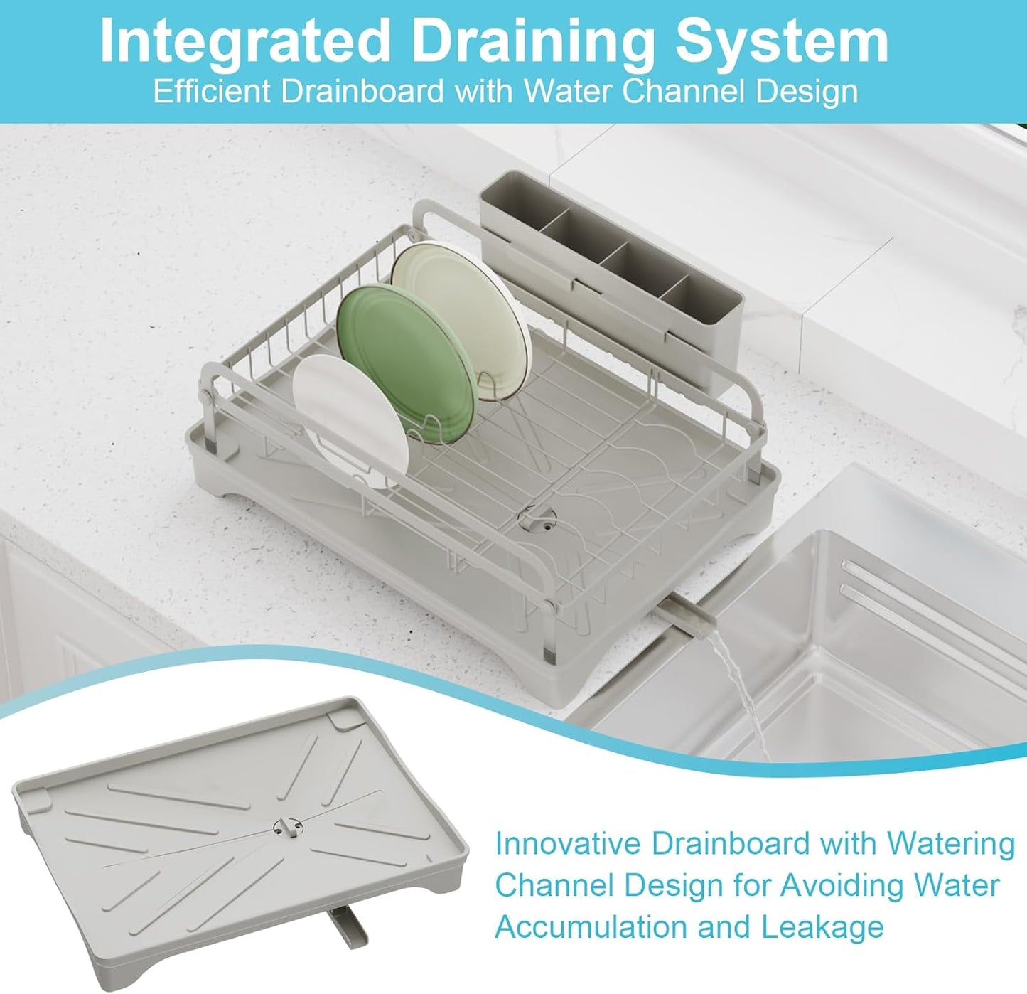 Dish Drying Rack - Space-Saving Dish Rack,Dish Racks for Kitchen Counter with Drainboard,Rustproof Countertop Dish Drainer with Utensil Holder for Sink Grey
