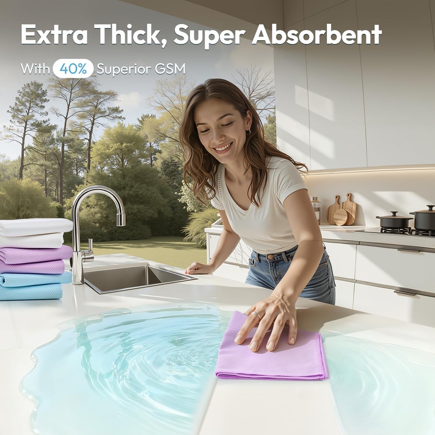 Nanoscale Microfiber Cloths 15.55”x 15.55”, Glass Window Mirror Stainless Steel Car Cleaning, Streak-Free, Lint-Free, Super Thick & Absorbent, Reusable, 6 Pack (White/Gray)