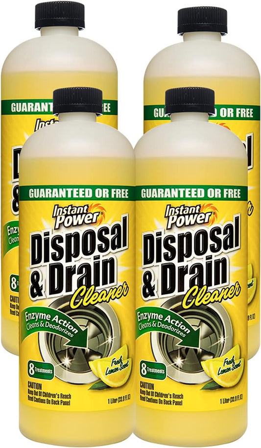 Instant Power Disposal and Drain Cleaner – Liquid Enzyme Clog Remover, Cleans and Deodorizes, Removes Drain Blockages, Fresh Lemon Scent 33.8 Fl oz, 1 Liter 4 Pack