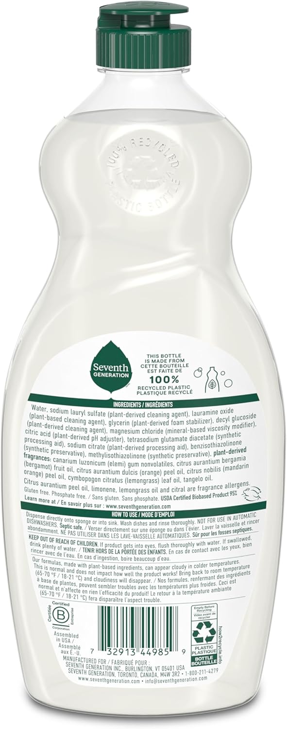 Seventh Generation Dish Liquid Soap Clementine Zest Lemongrass Pack of 6 Dishwashing Soap Liquid Soap 19 oz