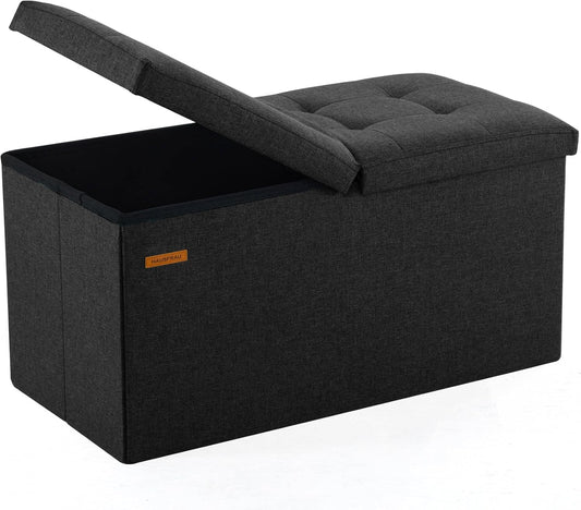 HAUSFRAU - 30 Inches Storage Ottoman Bench with Flipping Lid, Foldable Storage Chest Foot Rest for Living Room, Bedroom, Entryway, Load 660 lb, Linen Black