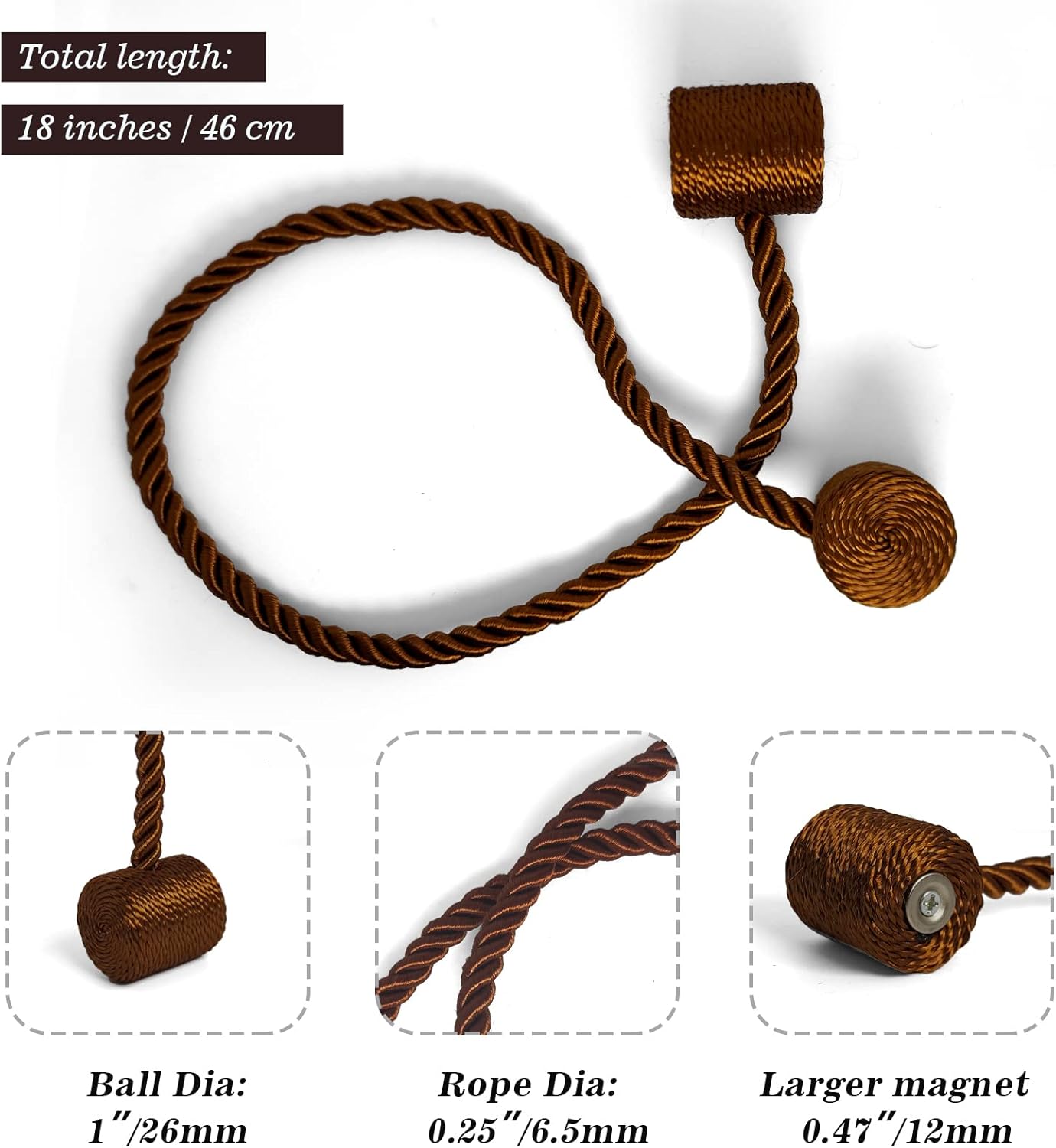 Hion Magnetic Curtain Tiebacks Dark Brown 6 Pack, Curtain Tiebacks Buckles Holdbacks Holders Hooks Clip for Home Bedroom Office Decorative Thick or Thin Curtain