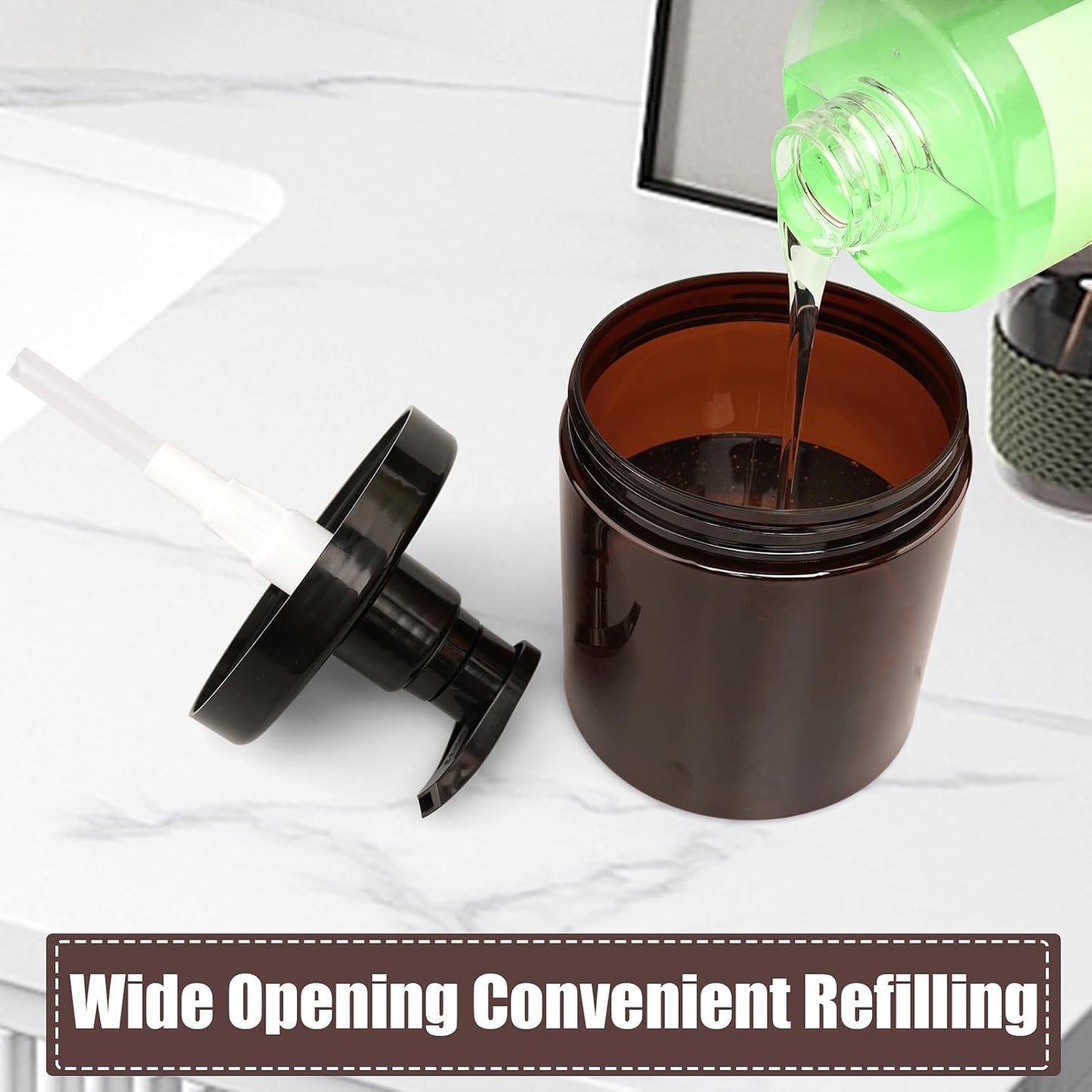 Cosywell Pump Bottle Dispenser Shampoo and Conditioner Dispenser 2 Pack 16.9oz/500ml Wide Mouth Hand Soap Dispenser Refillable Plastic Empty Liquid Container for Lotion Body Wash(Brown)