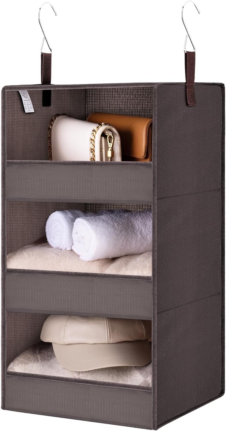 GRANNY SAYS 3-Shelf Closet Organizers and Storage, Foldable Hanging Closet Organizer, Hanging Closet Shelves with 2 Metal Hooks, Leak-Proof Hanging Shelves for Closet, Bedroom, RV, Camper, Dark Brown