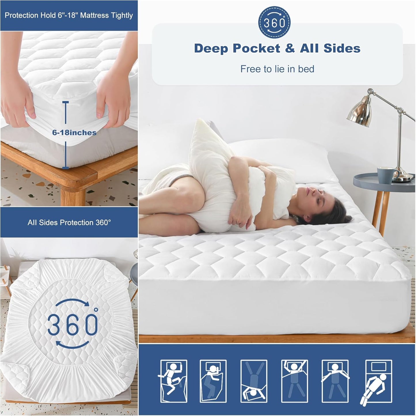 GRT Twin Mattress Protector Waterproof, 100% Waterproof Quilted Fitted Mattress Pad, Noiseless Hollow Cotton Mattress Cover, fits up to 18" Deep, Dust Proof White