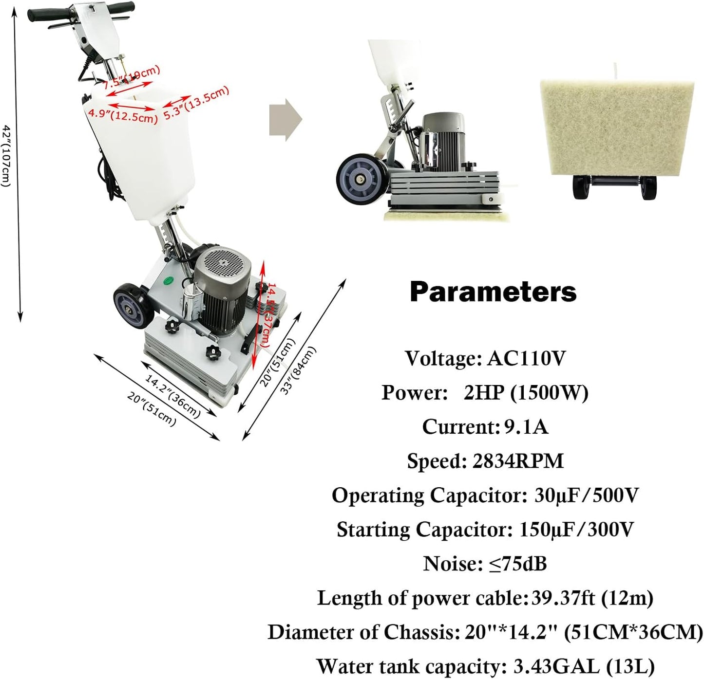 Floor Grinding Machine & Polisher - 3.43Gal Scrubber, 2834RPM, Commercial & Industrial Square Chassis, Multi-functional, 110V