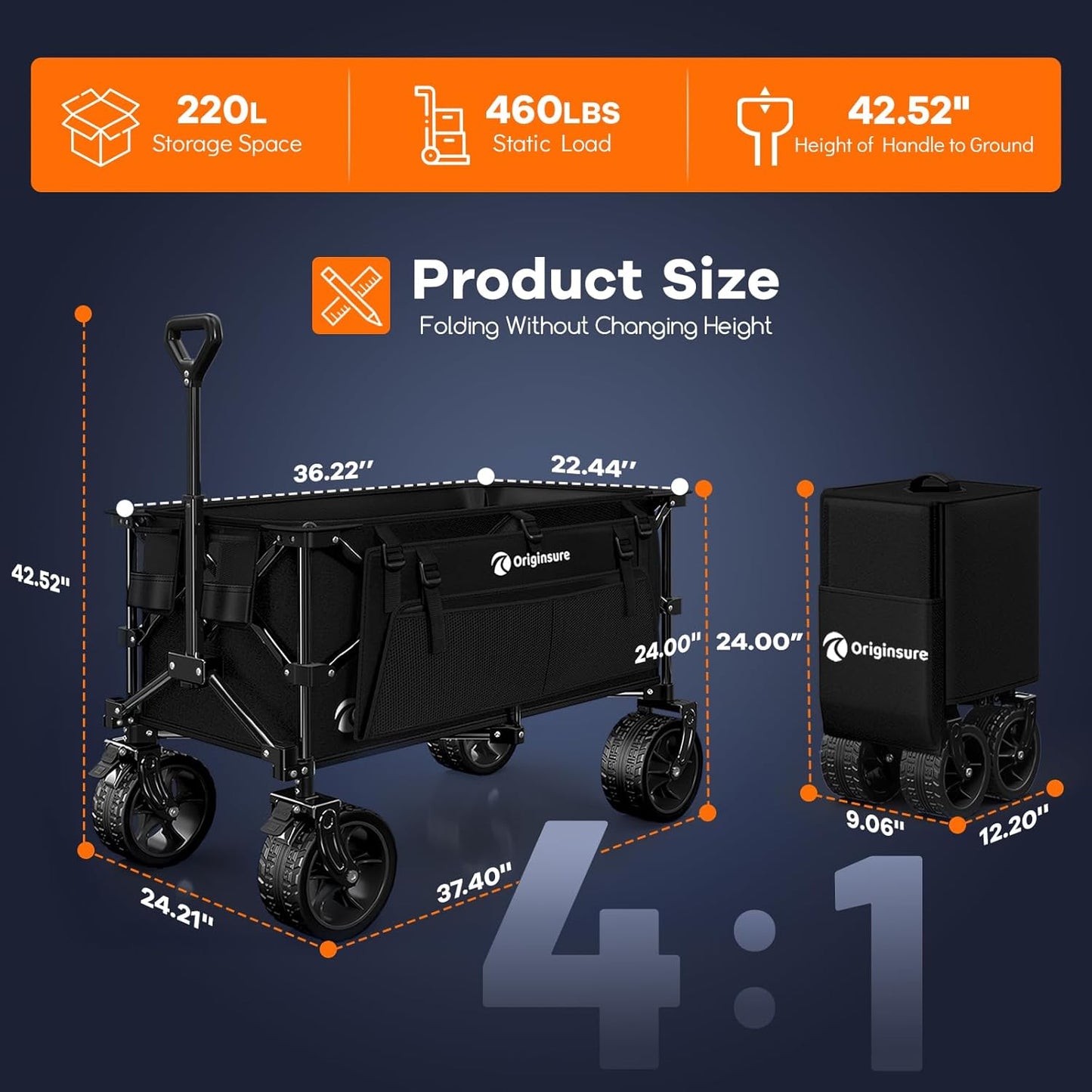 38"L Collapsible Wagon Cart Foldable, 460lbs Weight Capacity 220L Heavy Duty Folding Beach Wagons with Big All-Terrain Wheels, Utility Carts for Groceries, Shopping, Camping, Sports - Black