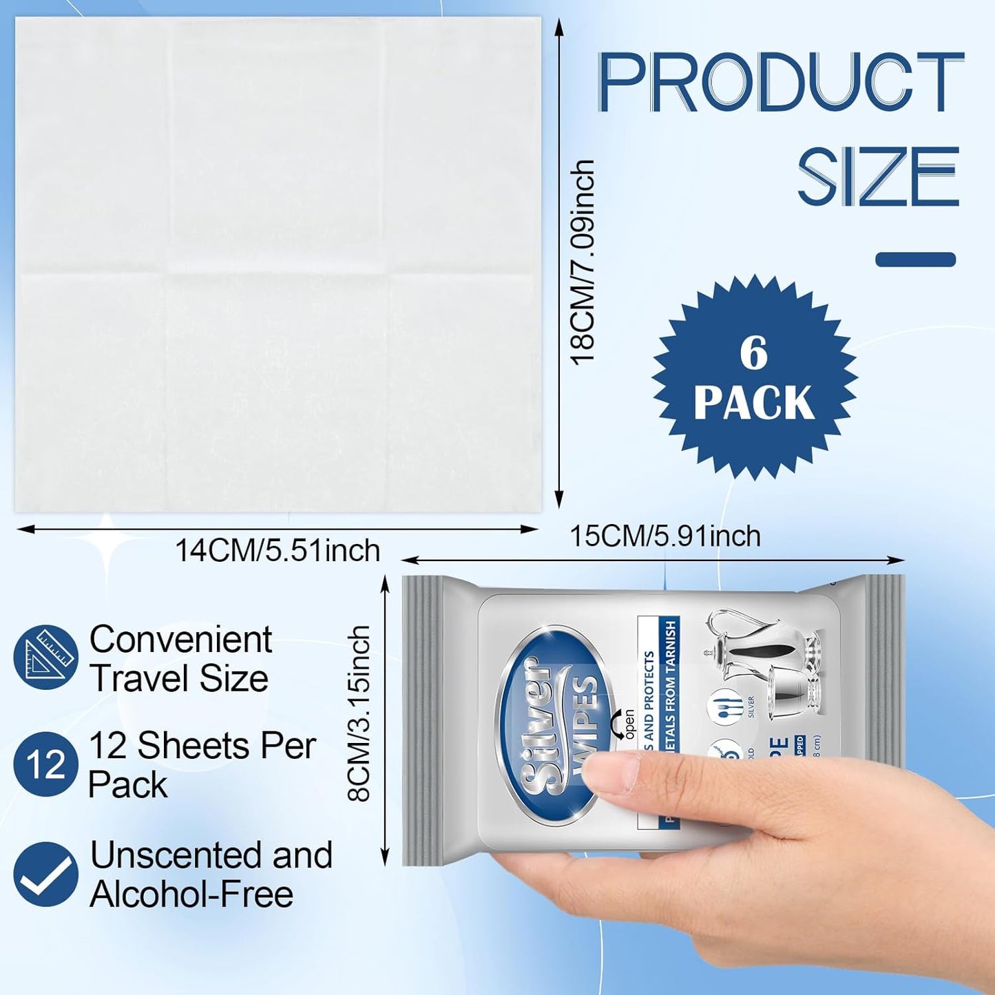 6 Pack/ 72 Pcs Silver Cleaner Wipes Silver Polish Jewelry Cleaner Cleaning Jewelry Wipes for Silverware Stainless Steel Brass Metal Tarnish Remover