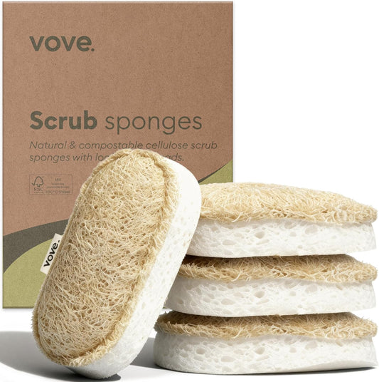 Vove Scrub Sponges 4 Pack, Cellulose & Cotton with Natural Loofah, Eco-Friendly Loofah Dish & Kitchen Sponges, Bathroom Scrubbing Pads, FSC-Certified Packaging