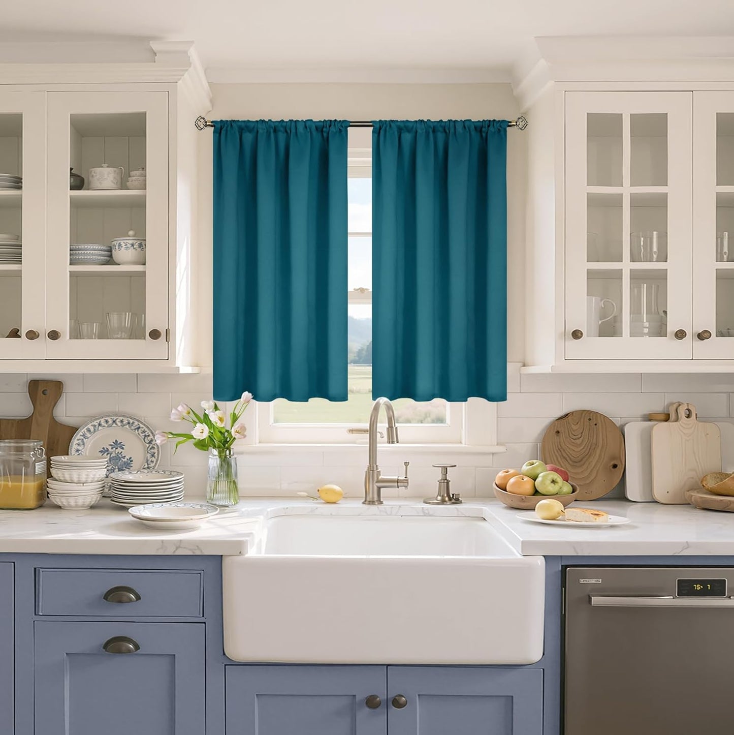 BGment Peacock Blue Blackout Curtains for Kitchen Cafe Window - Short Window Drapes Thermal Insulated Blackout Blinds for Rv Bathroom Privacy, 42 x 40 Inch, 2 Panels